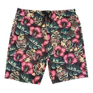 Good Vibes Tropical Floral Luau Tiki Mask Unlined Shorts with Pockets Size XL